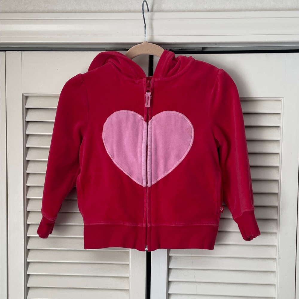GAP Kids Sz 4 Pink Heart Red velour Hoodie full zipper pockets Valentines Day - Picture 1 of 6
